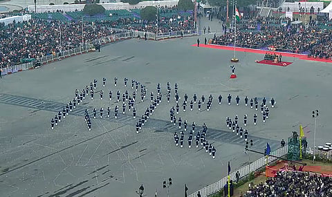 Armed forces personnel form a 'Sindoor' formation during the Beating Retreat ceremony, marking the conclusion of Republic Day celebrations, at Vijay Chowk, in New Delhi. 