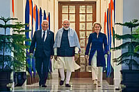 PMO via PTI  : In this image received on Jan. 27, 2026, Prime Minister Narendra Modi with European Council President Antonio Costa, left, and European Commission President Ursula von der Leyen, right, during their meeting at the Hyderabad House, in New Delhi.