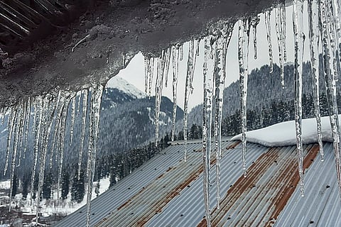 Icicles formed after fresh snowfall, in Anantnag district, Jammu and Kashmir.