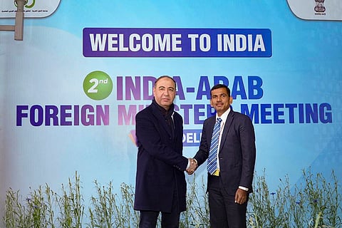 Libya's Foreign Minister Eltaher S.M. Elbaour, left, arrives in New Delhi. Elbaour is scheduled to participate in the 2nd India-Arab Foreign Ministers' Meeting (IAFMM). 