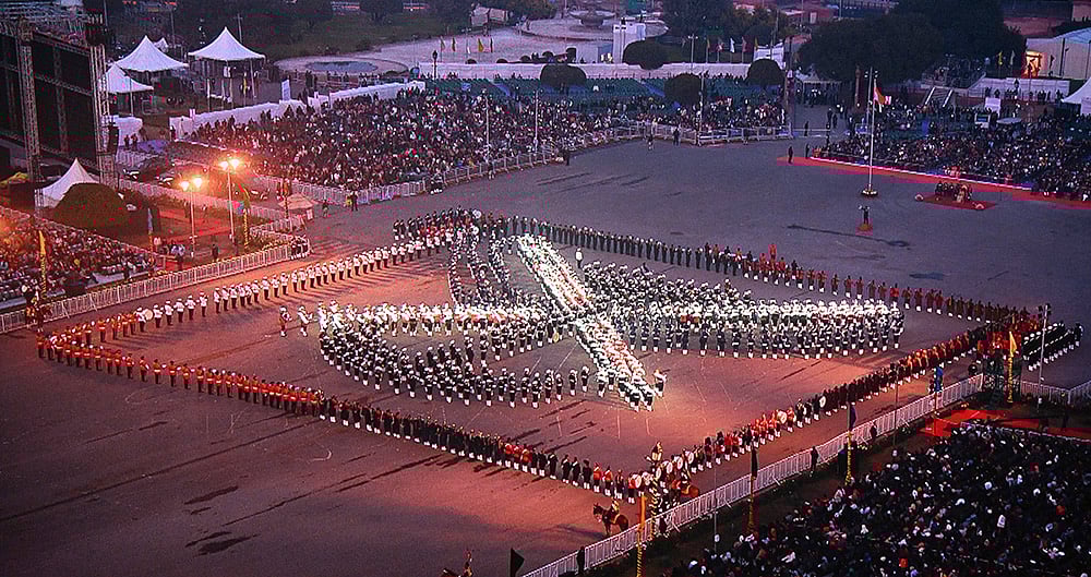 Tri-Service formation during the Beating Retreat ceremony, 