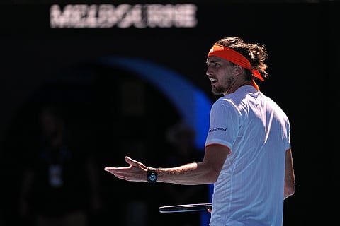 Alexander Zverev of Germany reacts during his semifinal match against Carlos Alcaraz of Spain at the Australian Open tennis championship in Melbourne, Australia.