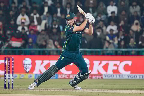 Australia's Cameron Green bats during the first T20 cricket match between Pakistan and Australia, in Lahore, Pakistan.