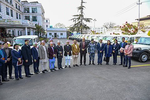 Charge d'affaires a.i. of India to Nepal Rakesh Pandey with Nepal's Finance Minister Rameshwar Prasad Khanal and other dignitaries during a ceremony to hand over more than 250 SUVs and double-cab pickup vehicles as the second consignment of election-related assistance from India to Nepal. 