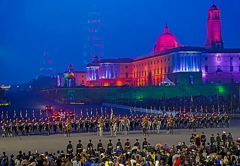 President’s Bodyguard and armed forces personnel at the end of the Beating Retreat ceremony, marking the conclusion of Republic Day celebrations, at Vijay Chowk, in New Delhi. 