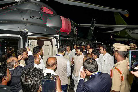 Union Minister K Ram Mohan Naidu with others during a visit to a stall at ‘Wings India 2026’ exhibition, Asia’s largest biennial civil aviation event, at Begumpet Airport, in Hyderabad, Telangana. 