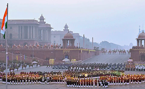 Bands of the armed forces perform during the Beating Retreat ceremony, marking the conclusion of Republic Day celebrations, at Vijay Chowk, in New Delhi. 