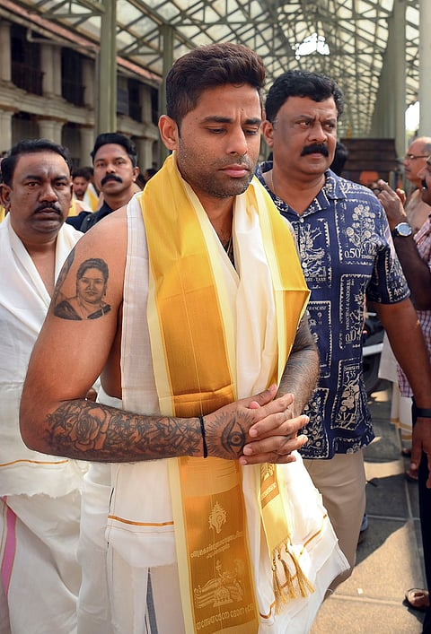 India's captain Suryakumar Yadav during a visit at Sree Padmanabhaswamy Temple, in Thiruvananthapuram.