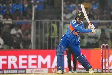 India's Abhishek Sharma plays a shot during the fifth and final T20 International cricket match between India and New Zealand, at the Greenfield International Stadium, in Thiruvananthapuram, Kerala.