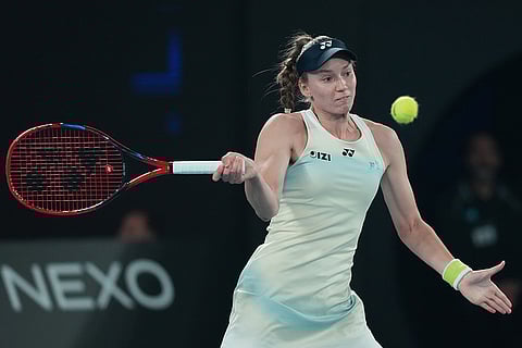 Elena Rybakina of Kazakhstan plays a forehand to Aryna Sabalenka of Belarus during the women's singles final at the Australian Open tennis championship in Melbourne, Australia.