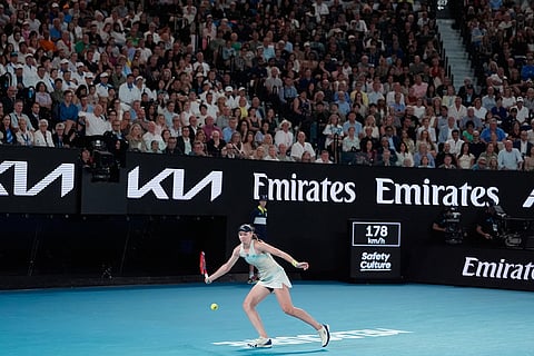 Elena Rybakina of Kazakhstan plays a forehand to Aryna Sabalenka of Belarus during the women's singles final at the Australian Open tennis championship in Melbourne, Australia.
