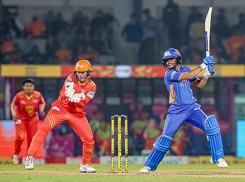 Mumbai Indians' captain Harmanpreet Kaur plays a shot during a Women's Premier League (WPL) 2026 T20 International cricket match between Gujarat Giants and Mumbai Indians, at BCA Stadium, in Vadodara, Gujarat.