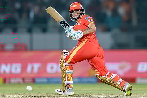 Gujarat Giants’ captain Ashleigh Gardner plays a shot during a Women's Premier League (WPL) 2026 T20 International cricket match between Gujarat Giants and Mumbai Indians, at BCA Stadium, in Vadodara, Gujarat.