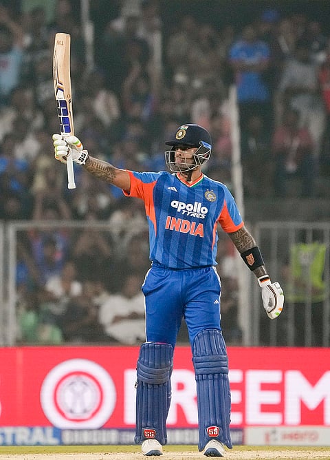 India's captain Suryakumar Yadav celebrates his half century during the fifth and final T201 cricket match between India and New Zealand, at the Greenfield International Stadium, in Thiruvananthapuram.