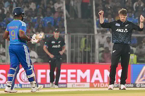 New Zealand's Lockie Ferguson, right, celebrates the wicket of India's Sanju Samson, left, during the fifth and final T20 International cricket match between India and New Zealand, at the Greenfield International Stadium, in Thiruvananthapuram, Kerala.