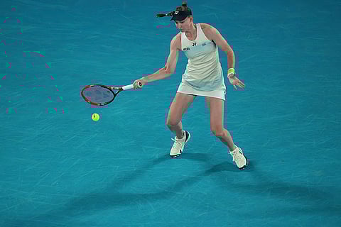 Elena Rybakina of Kazakhstan returns a shot from Aryna Sabalenka of Belarus during the women's singles final at the Australian Open tennis championship in Melbourne, Australia.