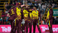 (AP Photo/Themba Hadebe) : West Indies bowler Gudakesh Motie, second from right, celebrates with his teammates after taking a wicket during the T20 International cricket match between South Africa and West Indies, in Johannesburg, South Africa, Saturday, Jan. 31, 2026.