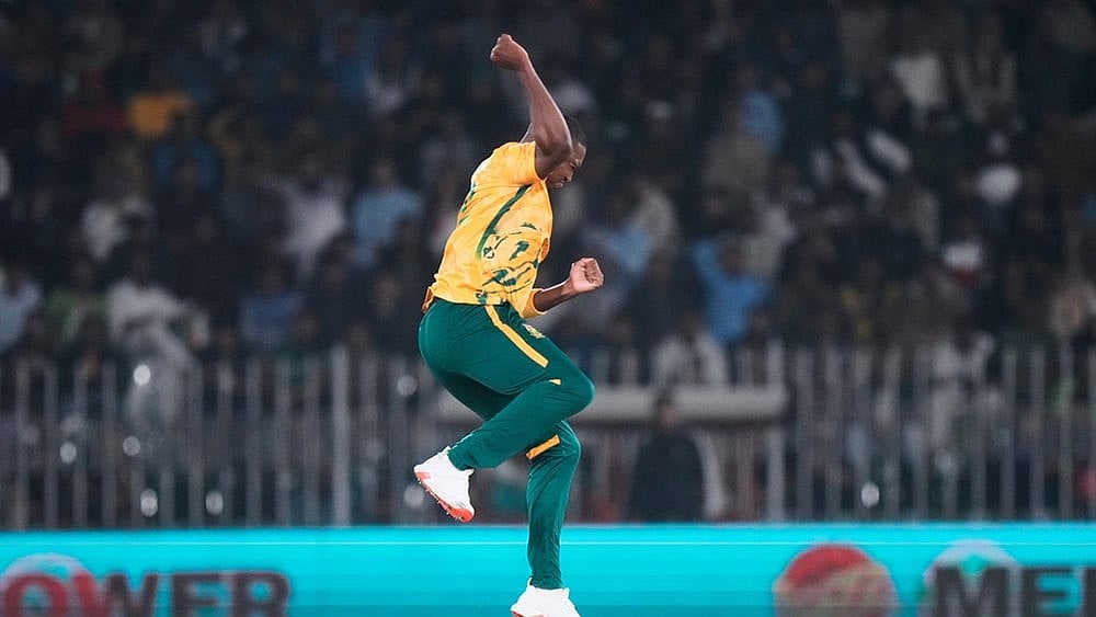 South Africa's Lungi Ngidi celebrates after taking the wicket of Pakistan's Hasan Nawaz during the first T20 cricket match between Pakistan and South Africa, in Rawalpindi, Pakistan. - | Photo: AP/Anjum Naveed