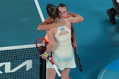 Elena Rybakina of Kazakhstan is congratulated by Aryna Sabalenka of Belarus after the women's singles final at the Australian Open tennis championship in Melbourne, Australia.