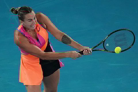Aryna Sabalenka of Belarus returns a shot from Elena Rybakina of Kazakhstan during the women's singles final at the Australian Open tennis championship in Melbourne, Australia.