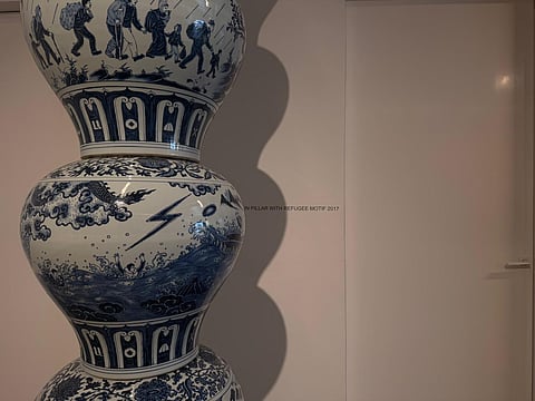 Porcelain Pillar With Refugee Motif 2017, by Ai Weiwei at Nature Morte in New Delhi