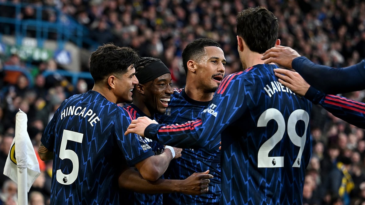 Arsenal celebrate during their 4-0 win over Leeds United - null
