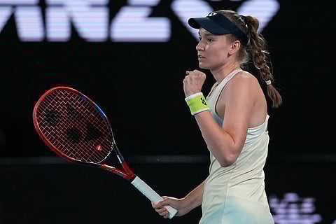 Elena Rybakina of Kazakhstan reacts during her match against Aryna Sabalenka of Belarus in the women's singles final at the Australian Open tennis championship in Melbourne, Australia.