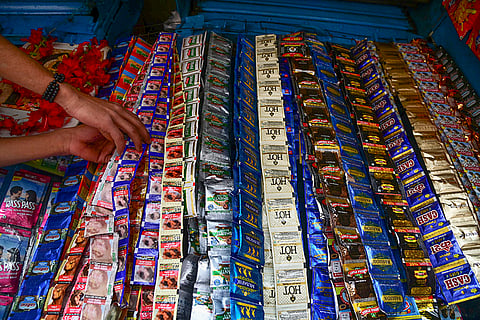 Tobacco products displayed at a shop, ahead of the presentation of the Union Budget 2026-27 by Union Finance Minister Nirmala Sitharaman, in Kolkata.