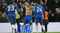 Chelsea 3-2 West Ham Live Score, Premier League: Enzo Fernandez Completes Blues' Glorious Fightback Photo: AP : Enzo Fernandez, centre, celebrates after scoring his side's third goal during the English Premier League match between Chelsea and West Ham United in London.