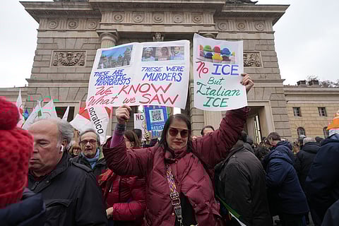 People take part in an Anti-ICE demonstration, ahead of the 2026 Winter Olympics, in Milan, Italy.