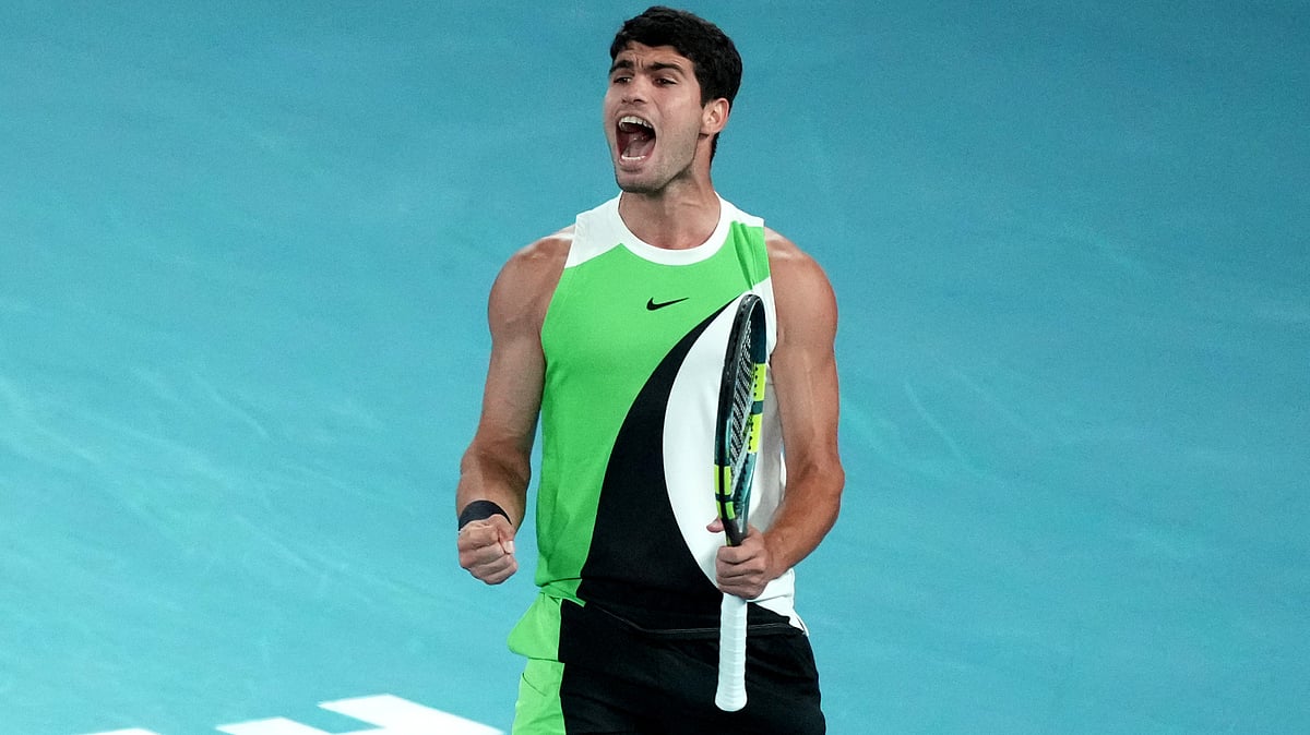 Carlos Alcaraz of Spain reacts during the men's singles final match against Novak Djokovic of Serbia at the Australian Open tennis championship in Melbourne, Australia, Sunday, Feb. 1, 2026 - (AP Photo/Mark Baker)