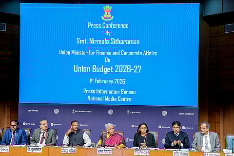 Union Finance Minister Nirmala Sitharaman, Union Minister of State for Finance Pankaj Chaudhary and other officials during a press conference after the presentation of the 'Union Budget 2026-27', in New Delhi.