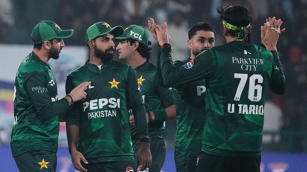 Pakistan's Abrar Ahmed, second right, celebrates with teammates after the dismissal of Australia's Mitchell Marsh during the second T20I in Lahore. - AP