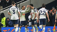 (AP Photo/Richard Pelham) : Tottenham's Dominic Solanke (19) is congratulated after scoring his side's 2nd goal during the English Premier League soccer match between Tottenham Hotspur and Manchester City in London, Sunday, Feb. 1, 2026.