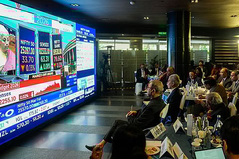 Confederation of Indian Industry (CII) President Rajiv Memani, CII Steering Group on Health and Healthcare Council Chairman and Medanta CMD Naresh Trehan, and others during a viewing session for the ‘Union Budget 2026-27’ presentation, in New Delhi.