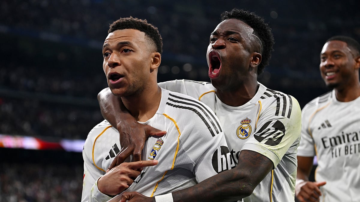 Kylian Mbappe celebrates after scoring for Real Madrid during the La Liga match against Rayo Vallecano on February 1, 2026. - null