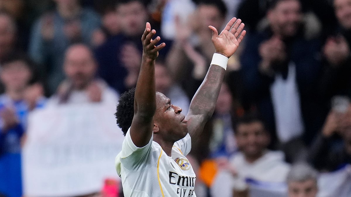 Real Madrid's Vinicius Junior celebrates after scoring his side's first goal during the Spanish La Liga soccer match between Real Madrid and Rayo Vallecano in Madrid, Spain, Sunday, Feb. 1, 2026. - (AP Photo/Manu Fernandez)