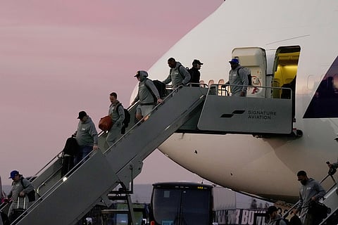 Members of the Seattle Seahawks arrive in San Jose, California ahead of the Super Bowl 60 football game between the Seattle Seahawks and the New England Patriots.