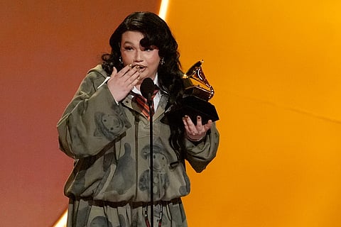 Lola Young accepts the award for best pop solo performance for "Messy" during the 68th annual Grammy Awards in Los Angeles. 