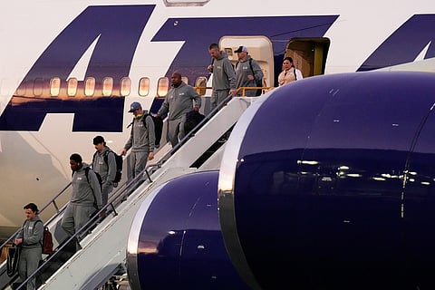 Members of the Seattle Seahawks arrive in San Jose, California ahead of the Super Bowl 60 football game between the Seattle Seahawks and the New England Patriots. 