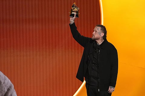 Jelly Roll accepts the award for best contemporary country album for "Beautifully Broken" during the 68th annual Grammy Awards in Los Angeles. 