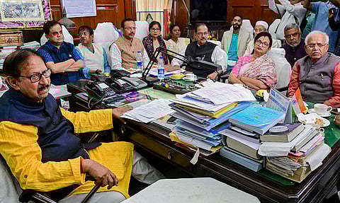West Bengal Legislative Assembly Speaker Biman Banerjee, left, conducts an all-party meeting ahead of the state Budget Session, at the West Bengal Assembly in Kolkata.