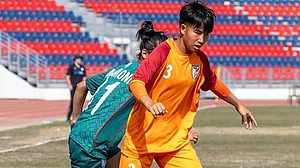 | Photo: Instagram/indianfootball : India U17 players in action against Bangladesh U19 during their SAFF U19 Women's Championship match on February 2, 2026.