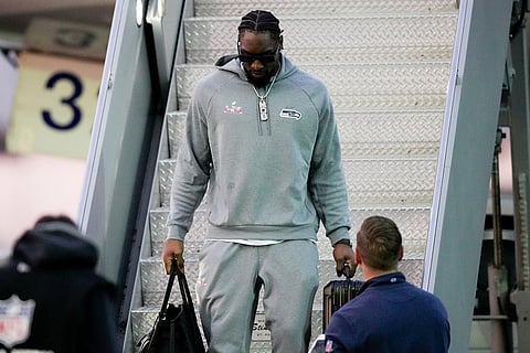 Seattle Seahawks Demarcus Lawrence arrives in San Jose, California ahead of the Super Bowl 60 football game between the New England Patriots and the Seattle Seahawks. 