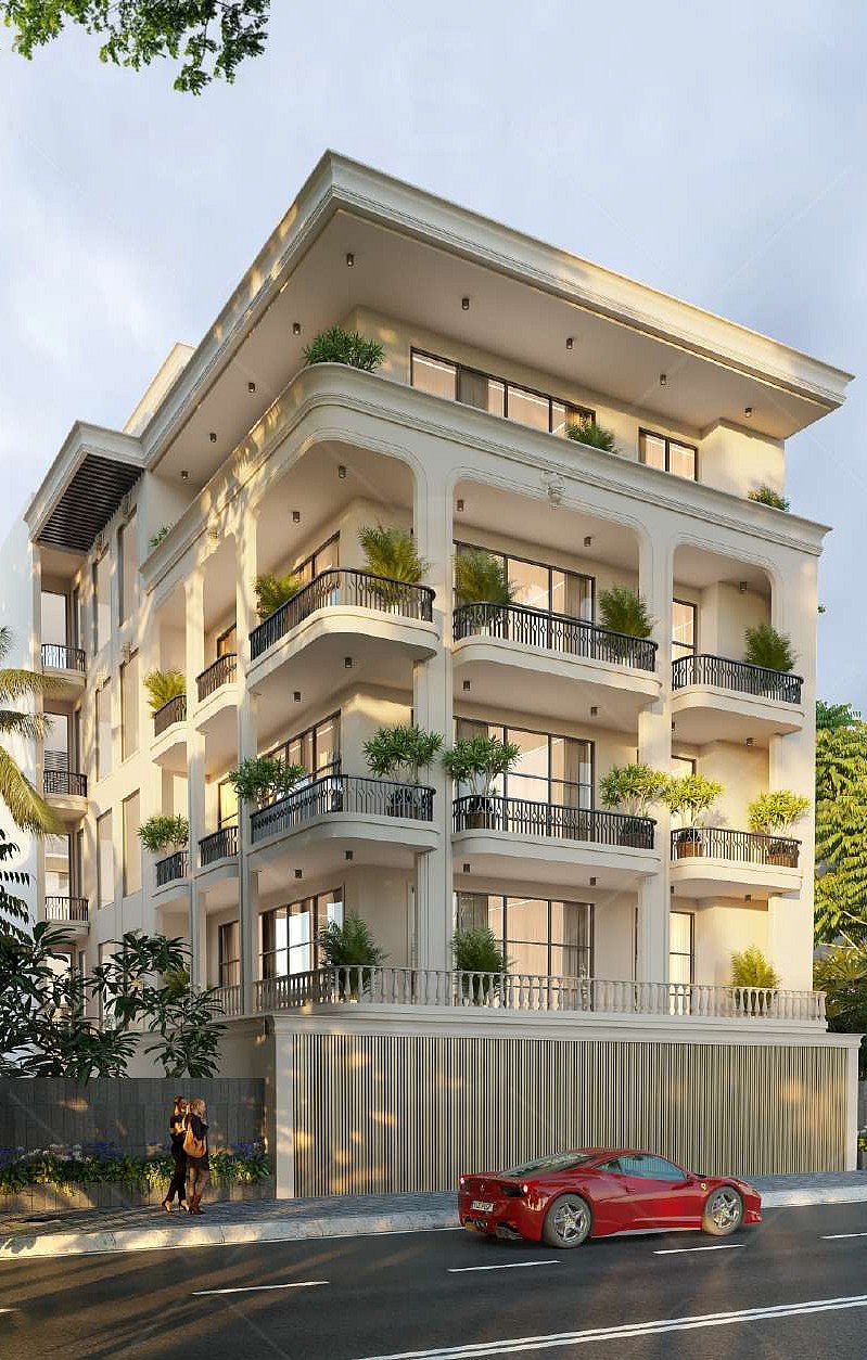 Modern white luxury apartment building with curved balconies and a red sports car in front.