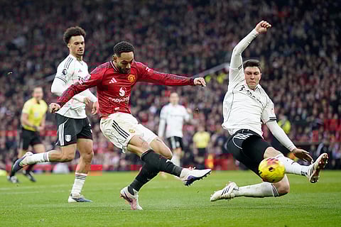 Manchester United's Matheus Cunha scores his side's second goal during the English Premier League soccer match between Manchester United and Fulham in Manchester, England.