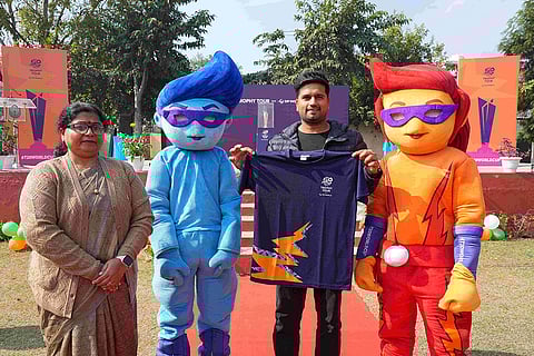 Blaze & Tonk engage with the school members during ICC Men's T20 World Cup 2026 trophy's visit at the Delhi Public School, Aligarh