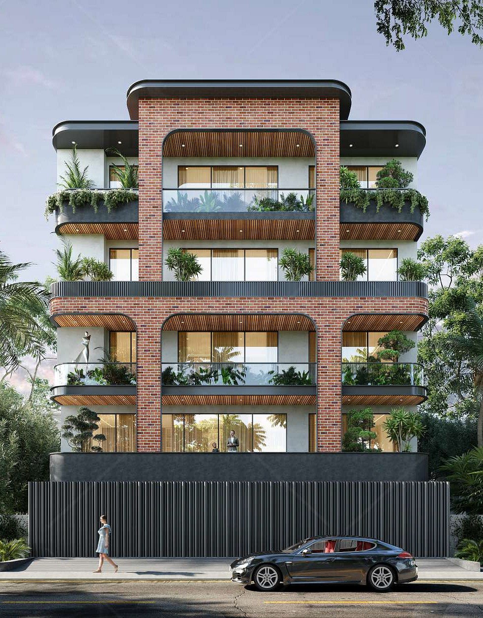 Modern residential building with brick pillars, glass balconies, and lush greenery.