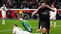 (AP Photo/Martin Meissner) : Leverkusen's Jonas Hofmann celebrates after scoring during a DFB Pokal, German Cup quarter final soccer match between Leverkusen and St. Pauli in Leverkusen, Germany, Tuesday, Feb. 3, 2026