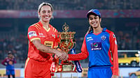 X/Women's Premier League : Captains Jemimah Rodrigues (right) and Ashleigh Gardner at the toss for the Women's Premier League 2026 Eliminator between Delhi Capitals and Gujarat Giants.
